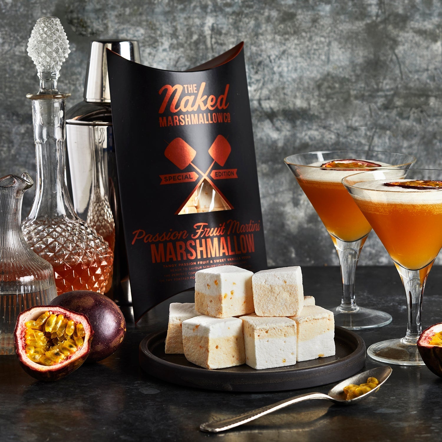 Passion fruit martini gourmet marshmallows from THE MARSHMALLOW FACTORY, showing soft, fluffy marshmallows with passion fruit flavor.