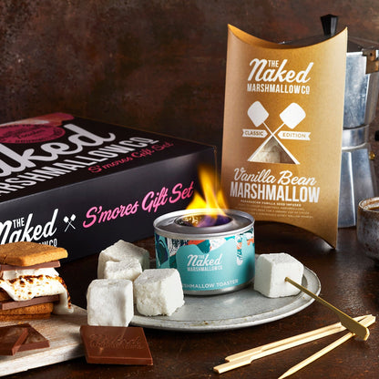 Assorted marshmallow S'mores gift set by THE MARSHMALLOW FACTORY featuring fluffy marshmallows and graham crackers for treats.
