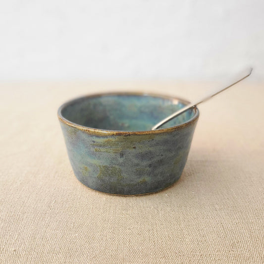 Seafoam blue ceramic breakfast bowl by Katie L Thompson Designs, featuring a smooth glossy finish and classic round shape.
