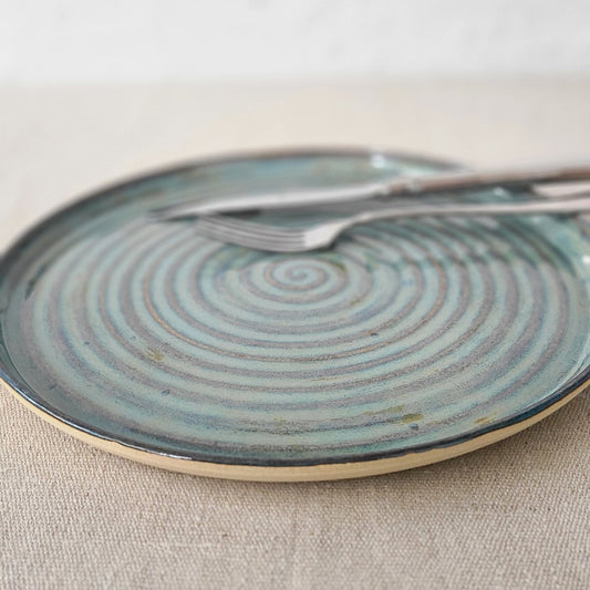 Seafoam blue ceramic dinner plate by Katie L Thompson Designs, classic round design with a smooth glossy finish.