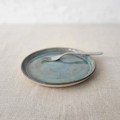 Seafoam blue classic cake plate by Katie L Thompson Designs, featuring elegant round design and smooth glazed finish