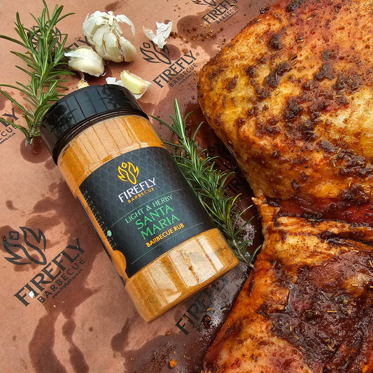 FireFly Barbecue Santa Maria Seasoning Rub, a flavorful BBQ rub in a jar with a colorful label and seasoning blend visible.
