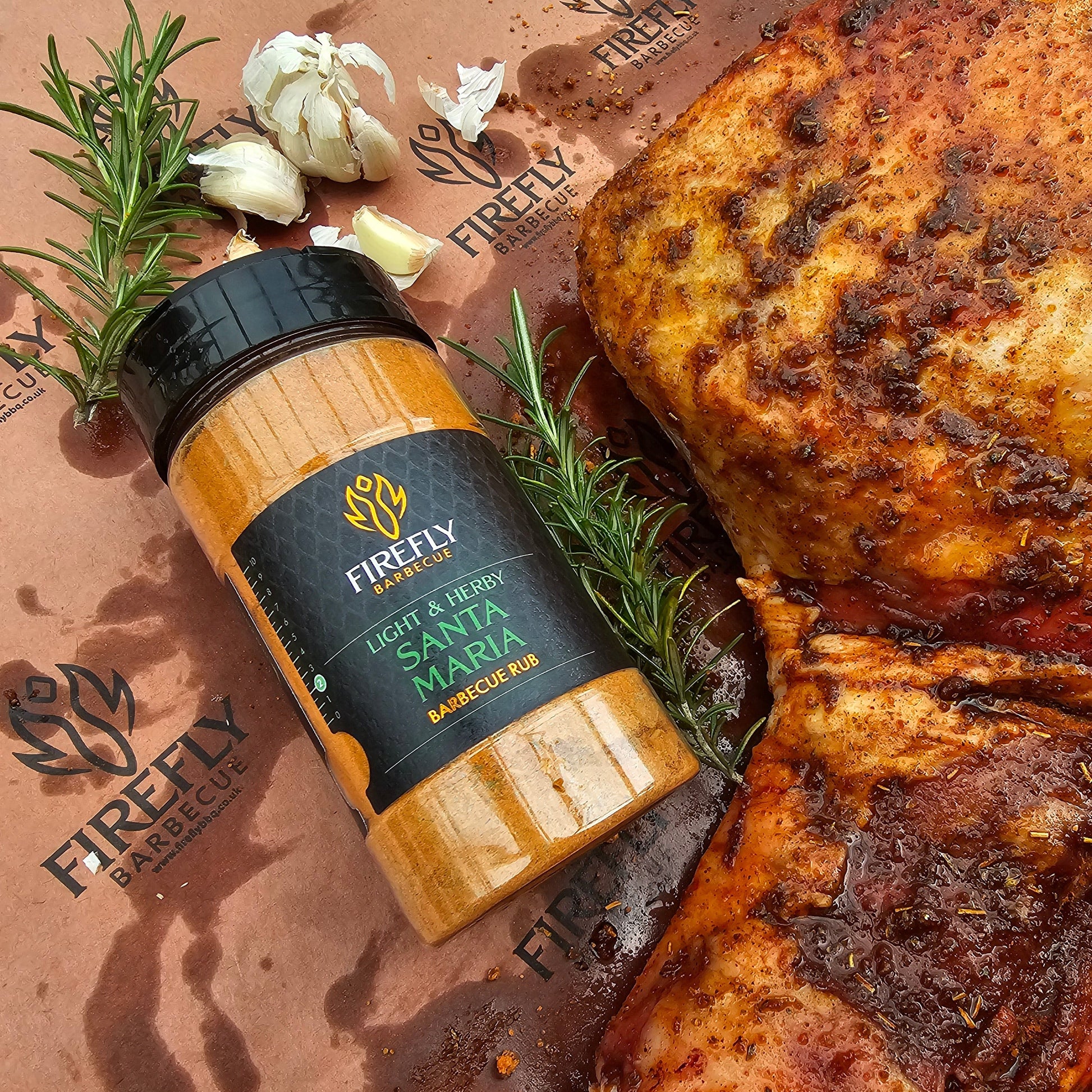 FireFly Barbecue Santa Maria Seasoning Rub for BBQ, featuring a jar of flavorful seasoning blend for grilling and smoking.