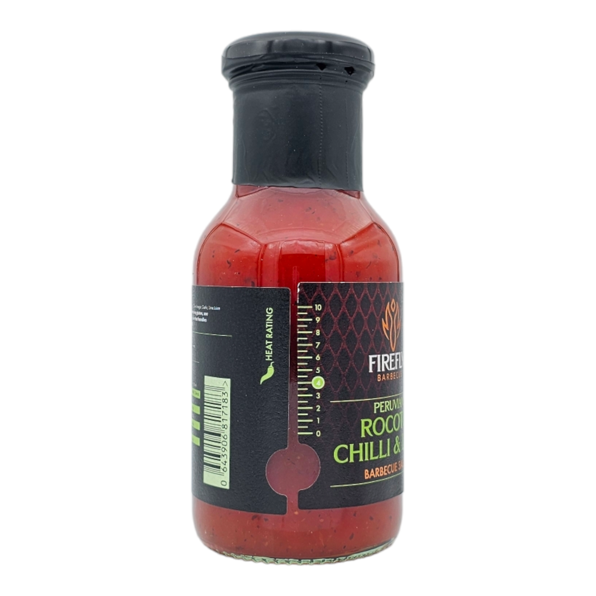 FireFly Barbecue Peruvian Rocoto Sweet Chilli and Lime Sauce bottle with vibrant label, showcasing colorful chili and lime illustrations.