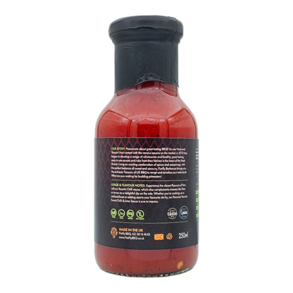 FireFly Barbecue Peruvian Rocoto Sweet Chilli & Lime Sauce in glass bottle, showcasing bright red sauce with chili and lime ingredients.