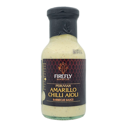 Peruvian Amarillo Chilli Aioli in a jar, spicy yellow sauce from FireFly Barbecue, perfect for grilling or dipping.