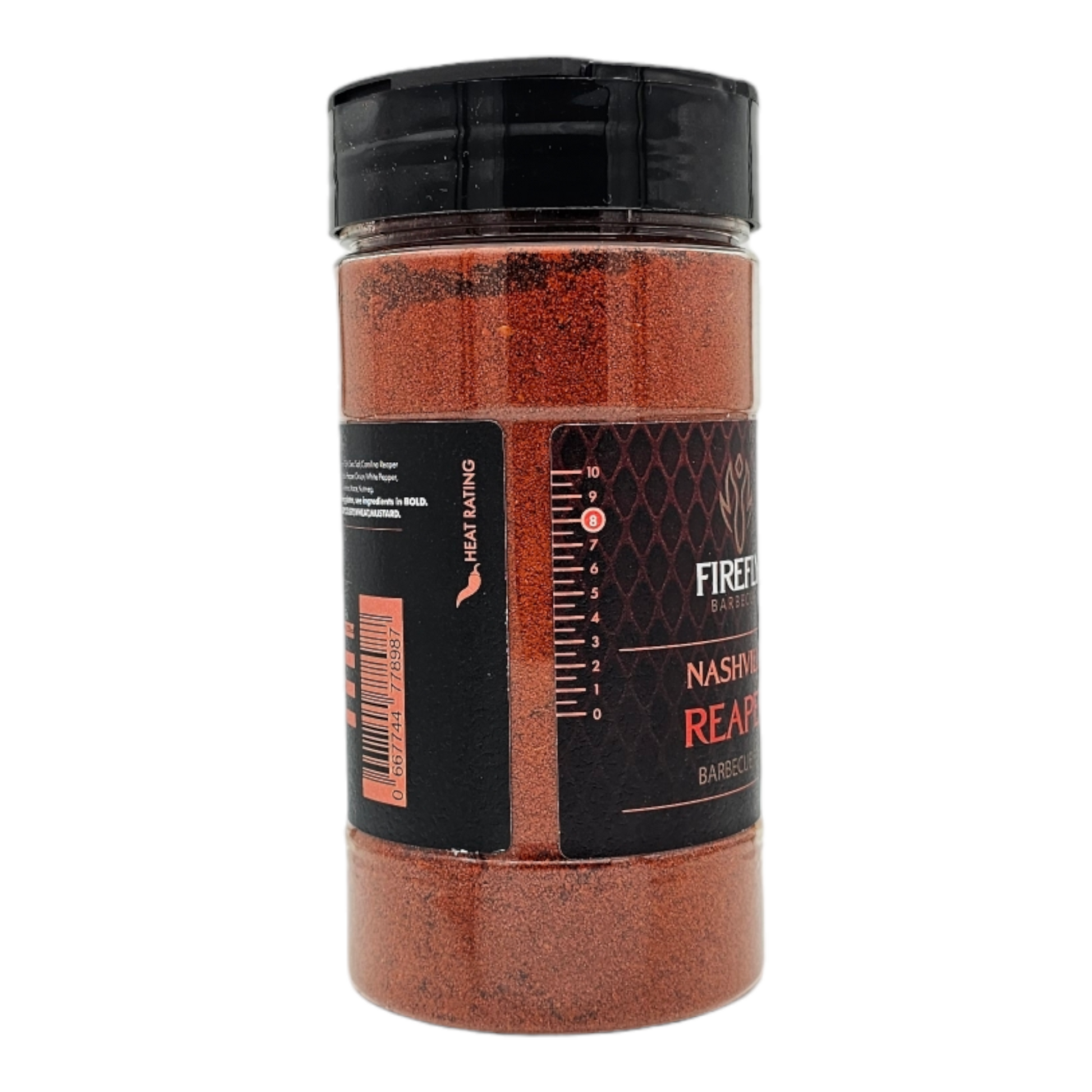 FireFly Barbecue Nashville Hot Seasoning BBQ Rub Reaper Level 5 in a jar with vibrant label details.