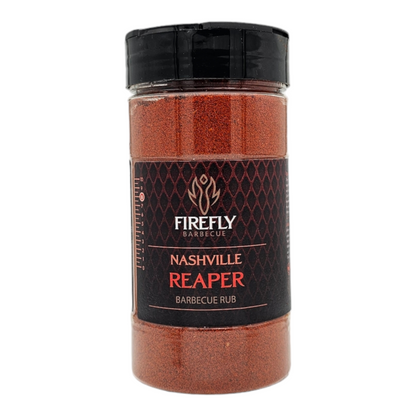 FireFly Barbecue Nashville Hot Seasoning BBQ Rub with Reaper Level 5 heat, featuring vibrant spice blend in a jar.