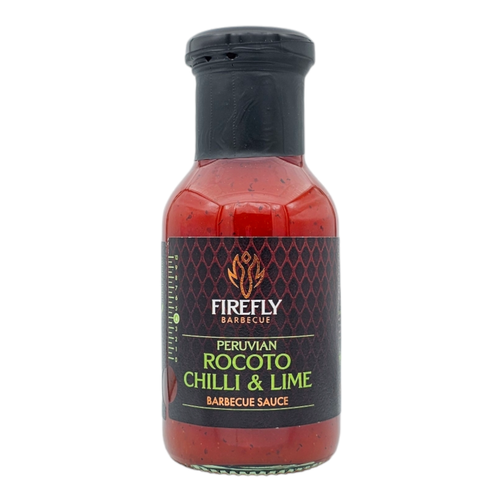 Peruvian Rocoto sweet chili and lime sauce in a jar, spicy BBQ sauce by FireFly Barbecue with vibrant red chili peppers and lime.