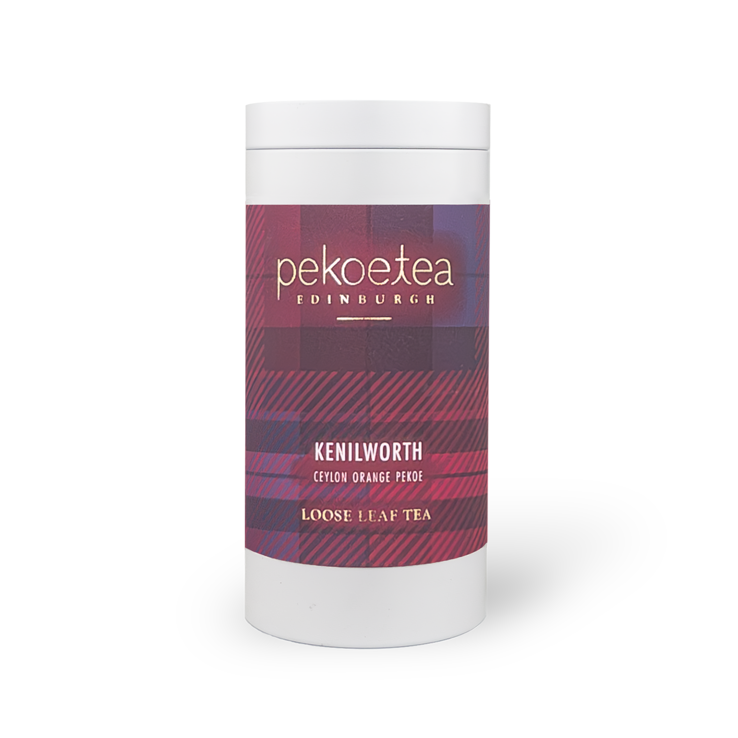 Kenilworth Ceylon Orange Pekoe tea in a decorative PekoeTea Edinburgh caddy with orange and gold accents.