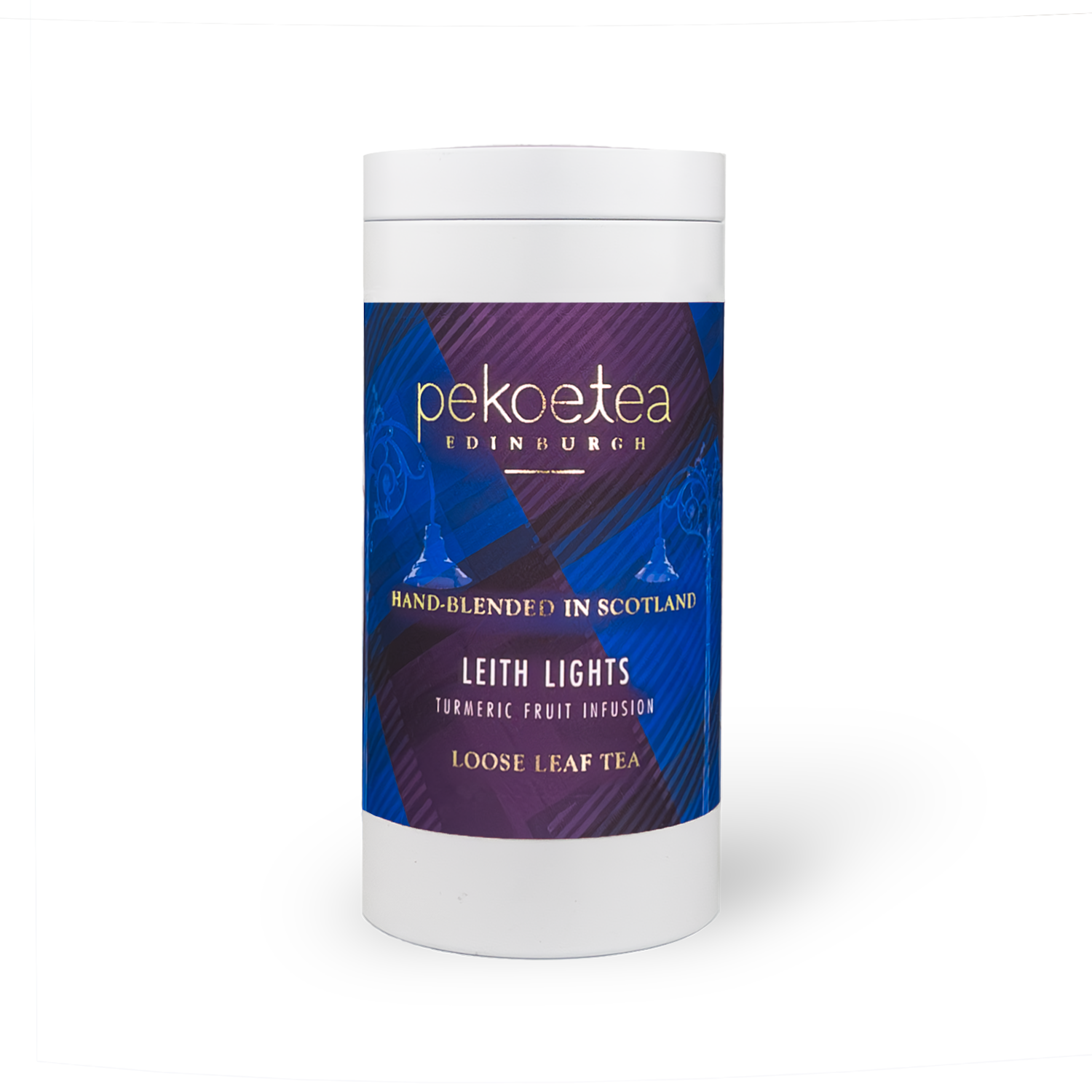 Leith Lights Turmeric Fruit Infusion tea in a PekoeTea Edinburgh caddy, featuring a vibrant tea blend with turmeric and fruit flavors.