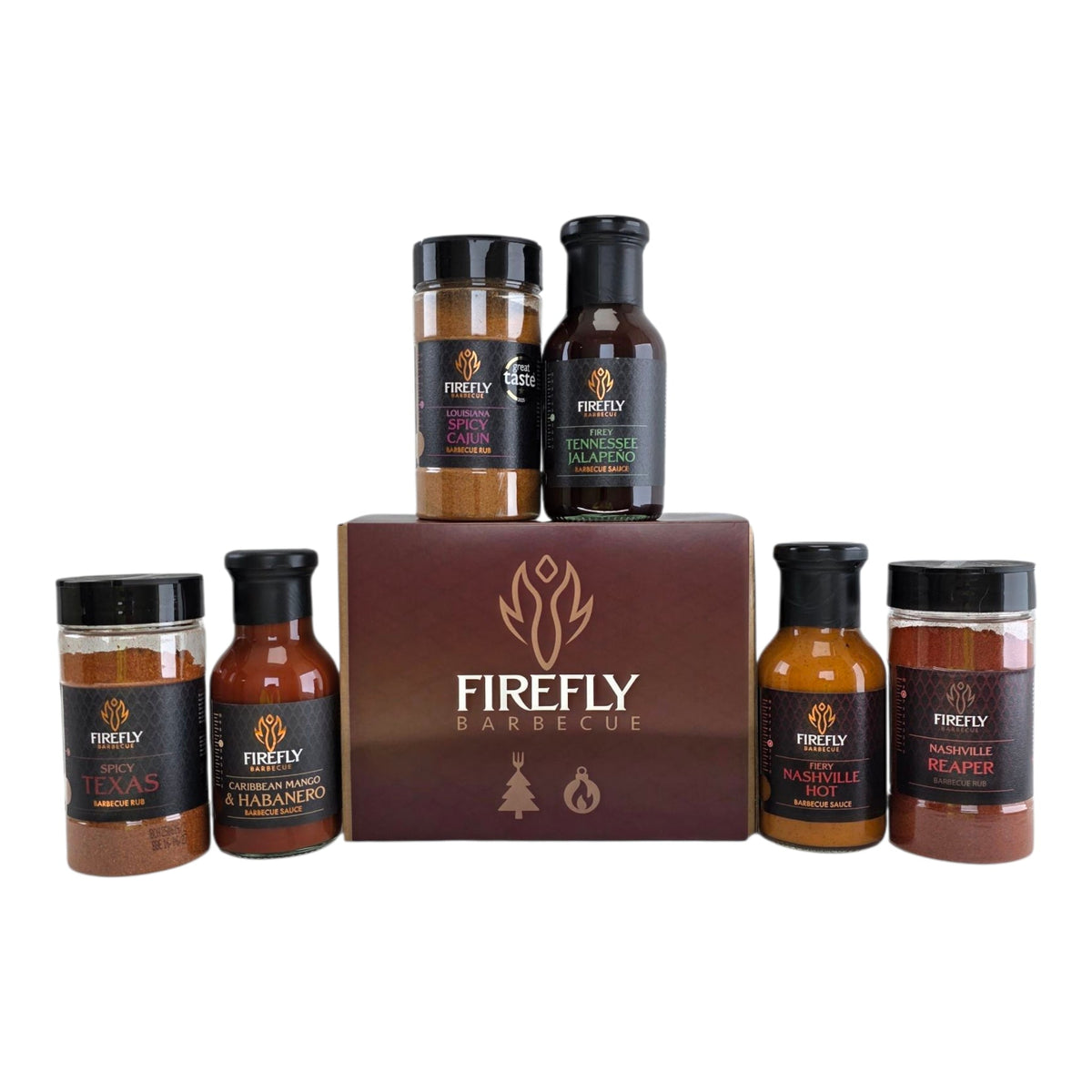 FireFly Barbecue spicy BBQ Christmas six pack gift box with assorted sauces and seasonings for grilling and holiday gifts.