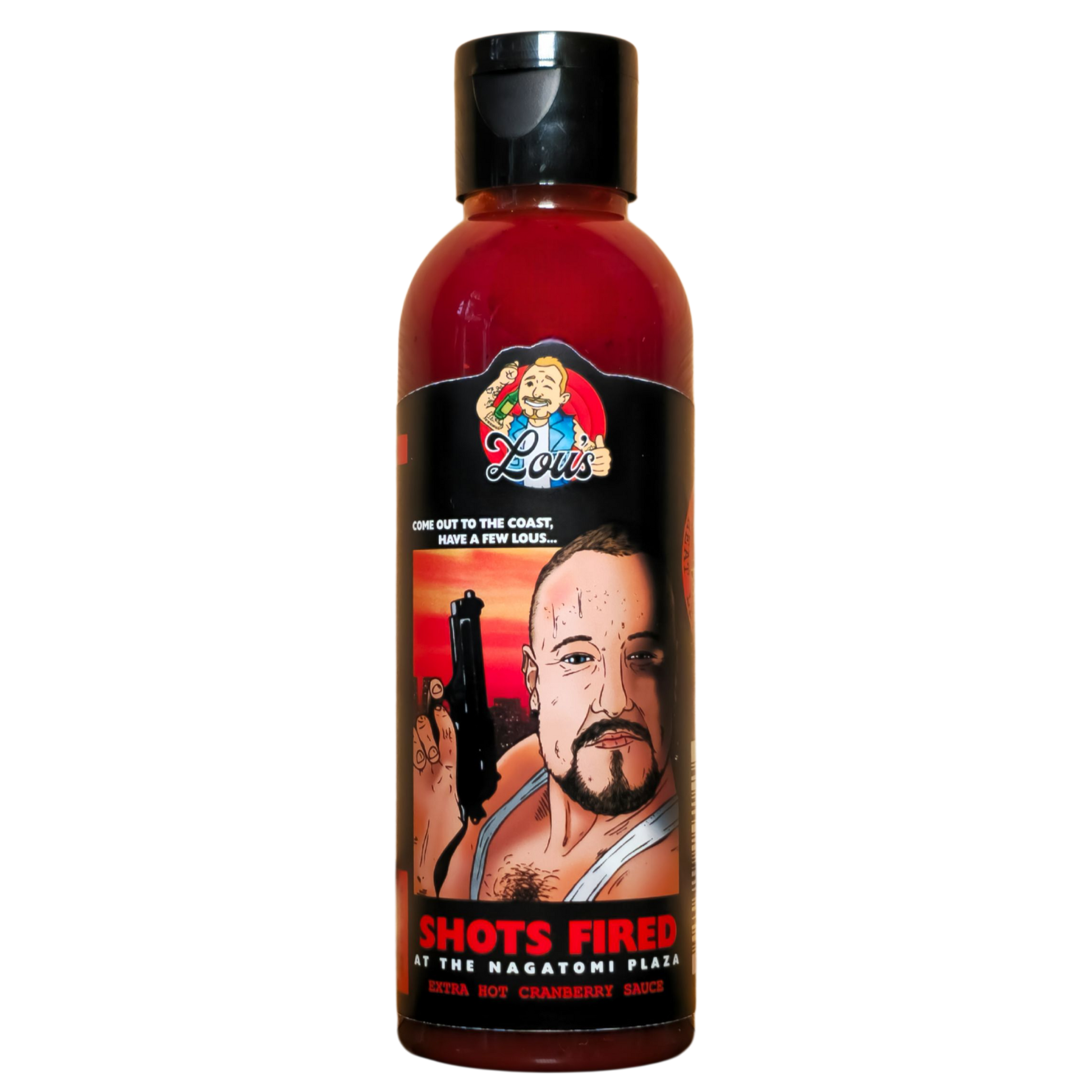 Bottle of Shots Fired! At The Nagatomi Plaza hot sauce from Lou's Brews, showcasing fiery label and vibrant sauce color.