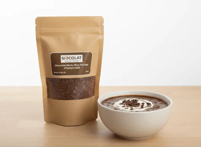 Vegan Siocolat No Added Sugar Chocolate Rice Porridge dessert in a bowl, creamy and rich with chocolate flavor.