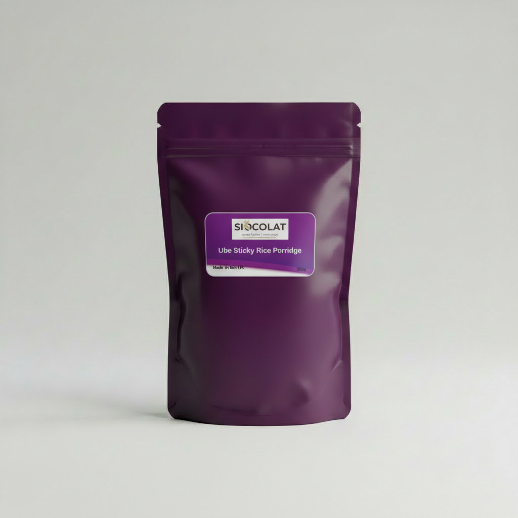 Vegan friendly no added sugar Ube Champorado rice pudding by Siocolat, featuring vibrant purple sticky rice dessert with creamy texture.