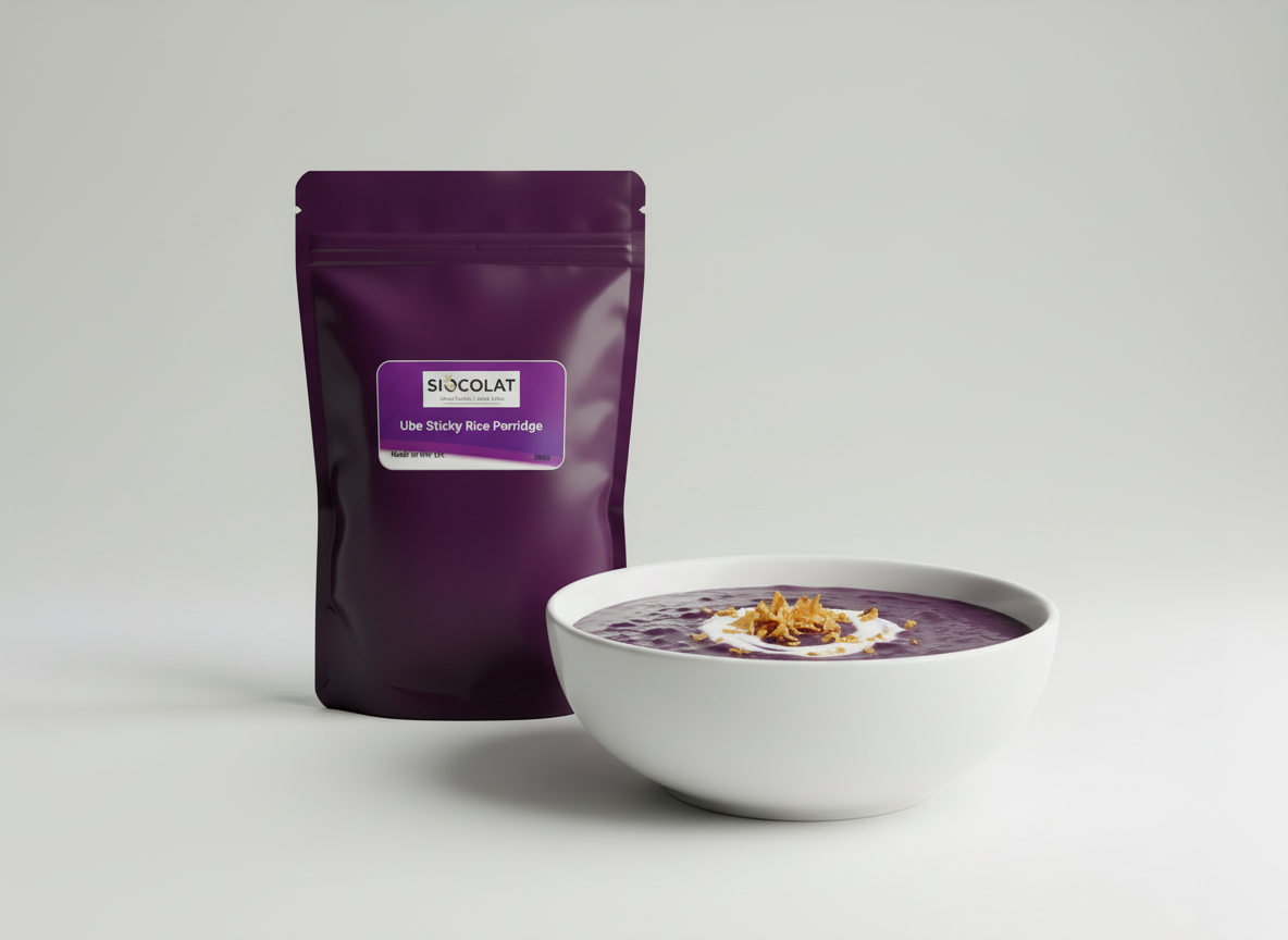 Vegan-friendly no added sugar ube champorado rice porridge by Siocolat, featuring vibrant purple sticky rice dessert.