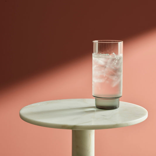 Set of two Aaron Probyn RYE highball glasses designed for water and beverages, clear glass with a modern shape.