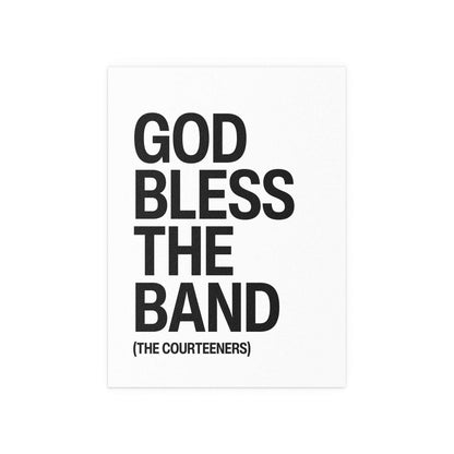 Poster of Courteeners "God Bless The Band" in black and white, featuring band artwork on a white background.