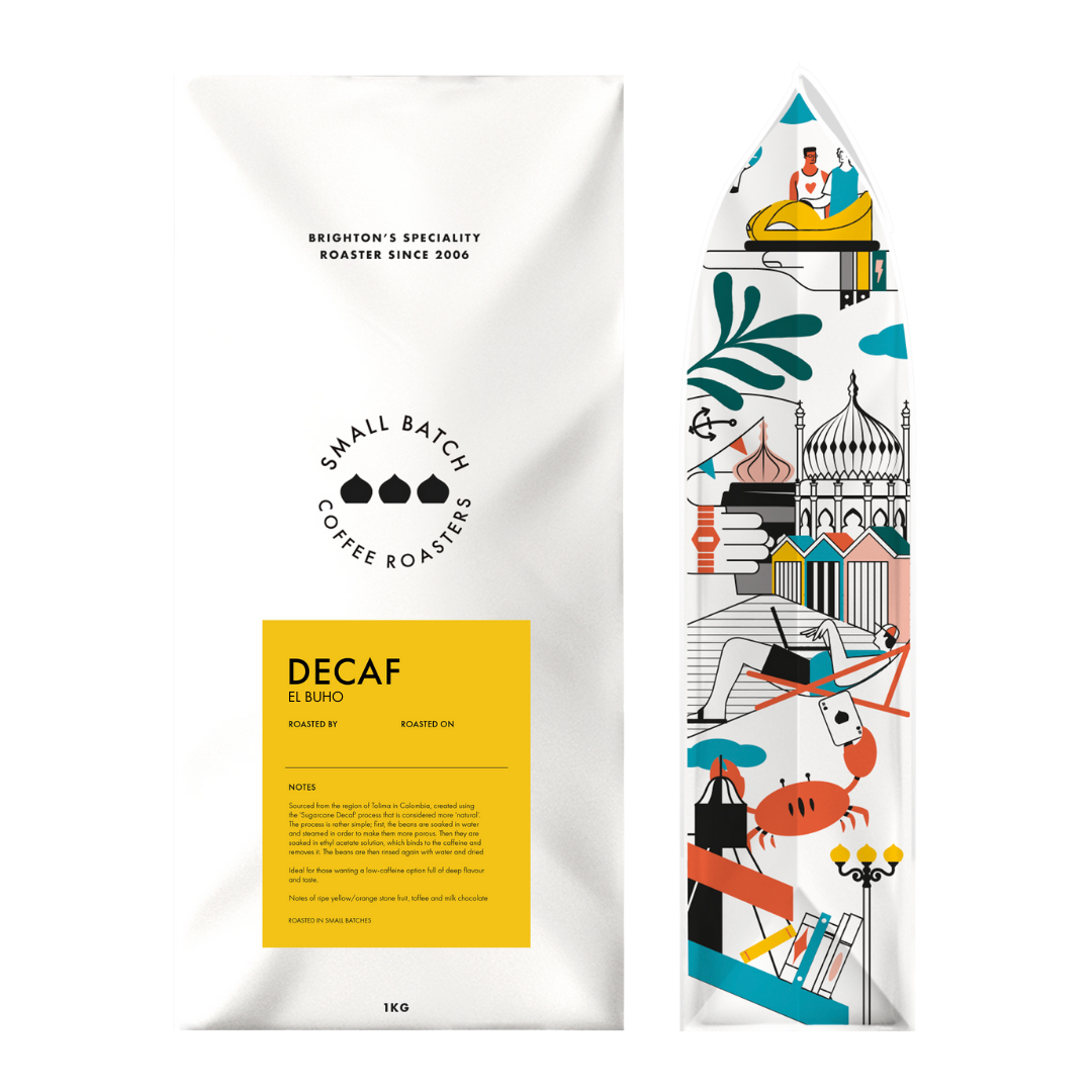 Specialty decaf Colombian coffee from Small Batch Coffee, featuring rich roasted beans and a smooth, aromatic finish.