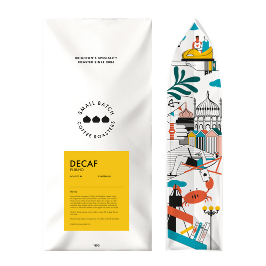 Specialty decaf Colombian coffee from Small Batch Coffee, featuring rich roasted beans and a smooth, aromatic finish.