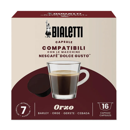 Bialetti Dolce Gusto compatible coffee capsules by Brew Italia, featuring colorful packaging for Bialetti coffee machines.