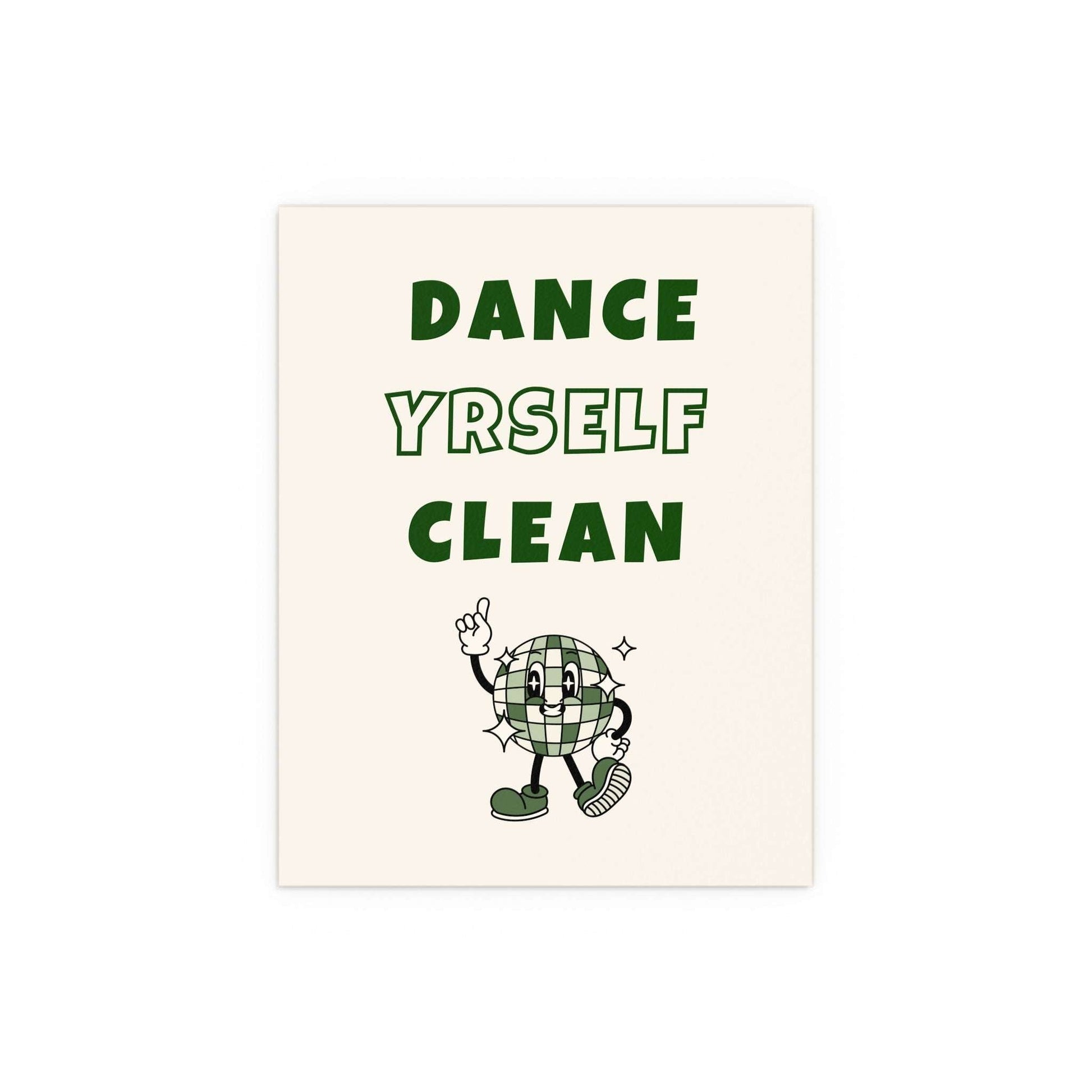 Off-white and green LCD Soundsystem "Dance Yrself Clean" poster by Glow On Prints, featuring bold text and modern design.