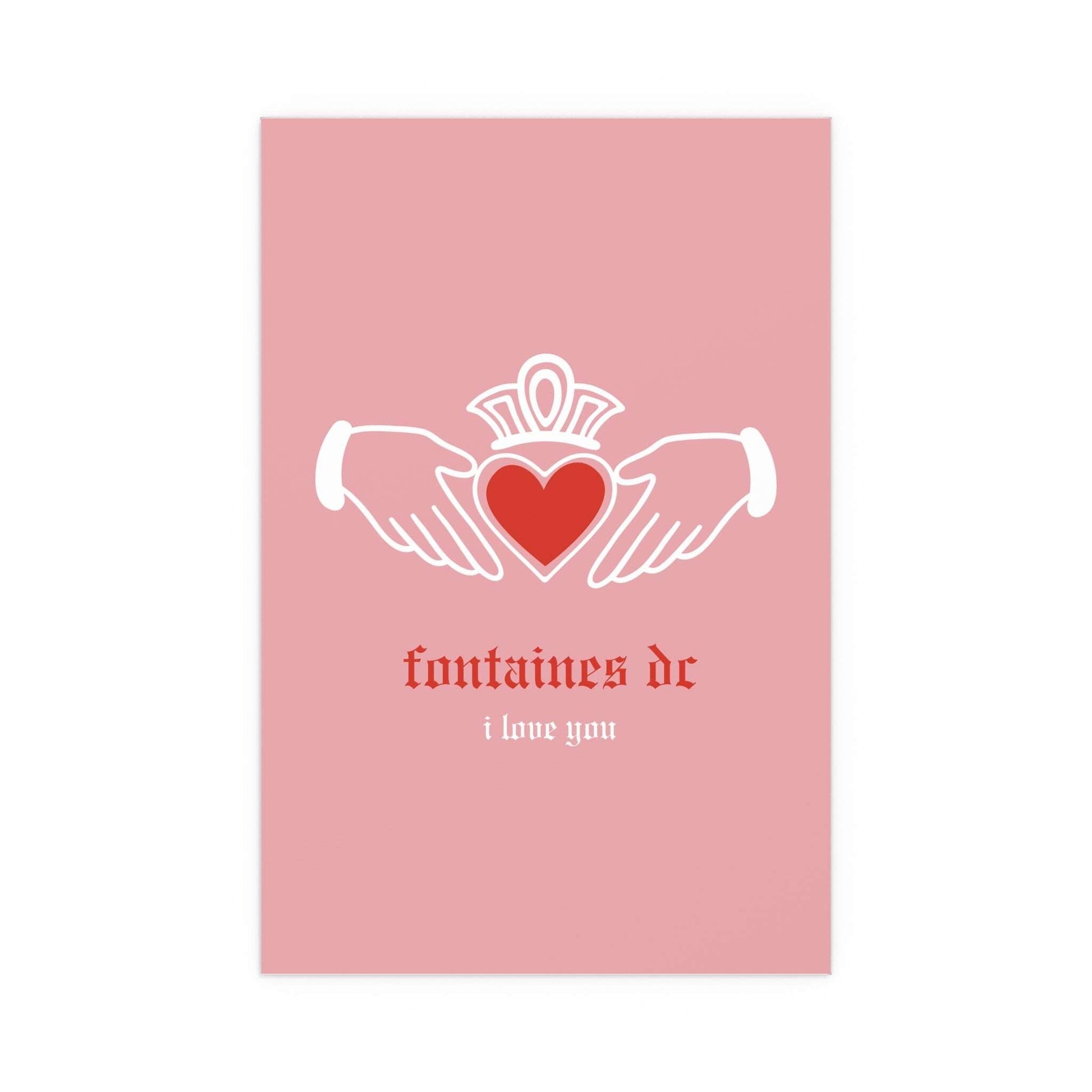 Colorful poster of Fontaines DC "I Love You" Irish Claddagh design in pink and red, by Glow On Prints.