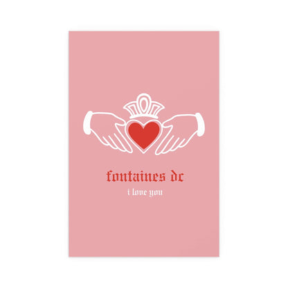 Colorful poster of Fontaines DC "I Love You" Irish Claddagh design in pink and red, by Glow On Prints.