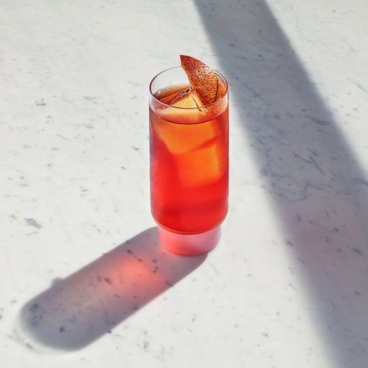Set of two Aaron Probyn RYE highball glasses, clear water glasses with sleek design, perfect for cocktails or beverages.