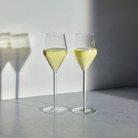 Set of two Aaron Probyn JUNIPER Champagne, Prosecco, Cava tulip glasses with clear glass and elegant design.