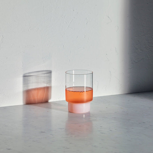 Set of 2 Aaron Probyn RYE stemless wine and juice glasses, clear glass with a modern, rounded design.