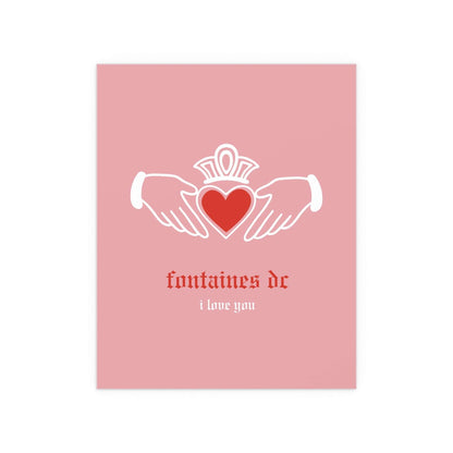 Irish Claddagh poster by Glow On Prints featuring pink and red hearts, inspired by Fontaines DC's "I Love You" design.