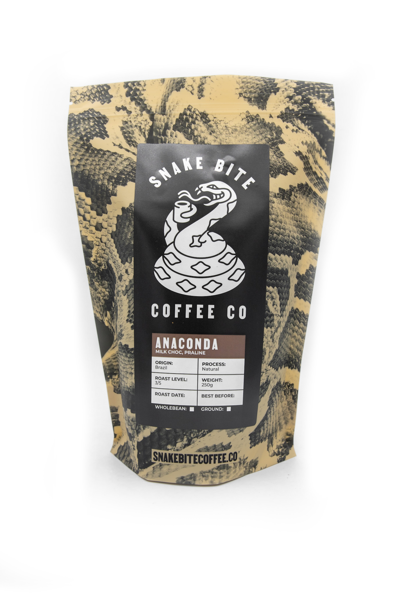 250g package of Anaconda Brazil coffee by Snake Bite Coffee, featuring a vibrant label with jungle and snake imagery.