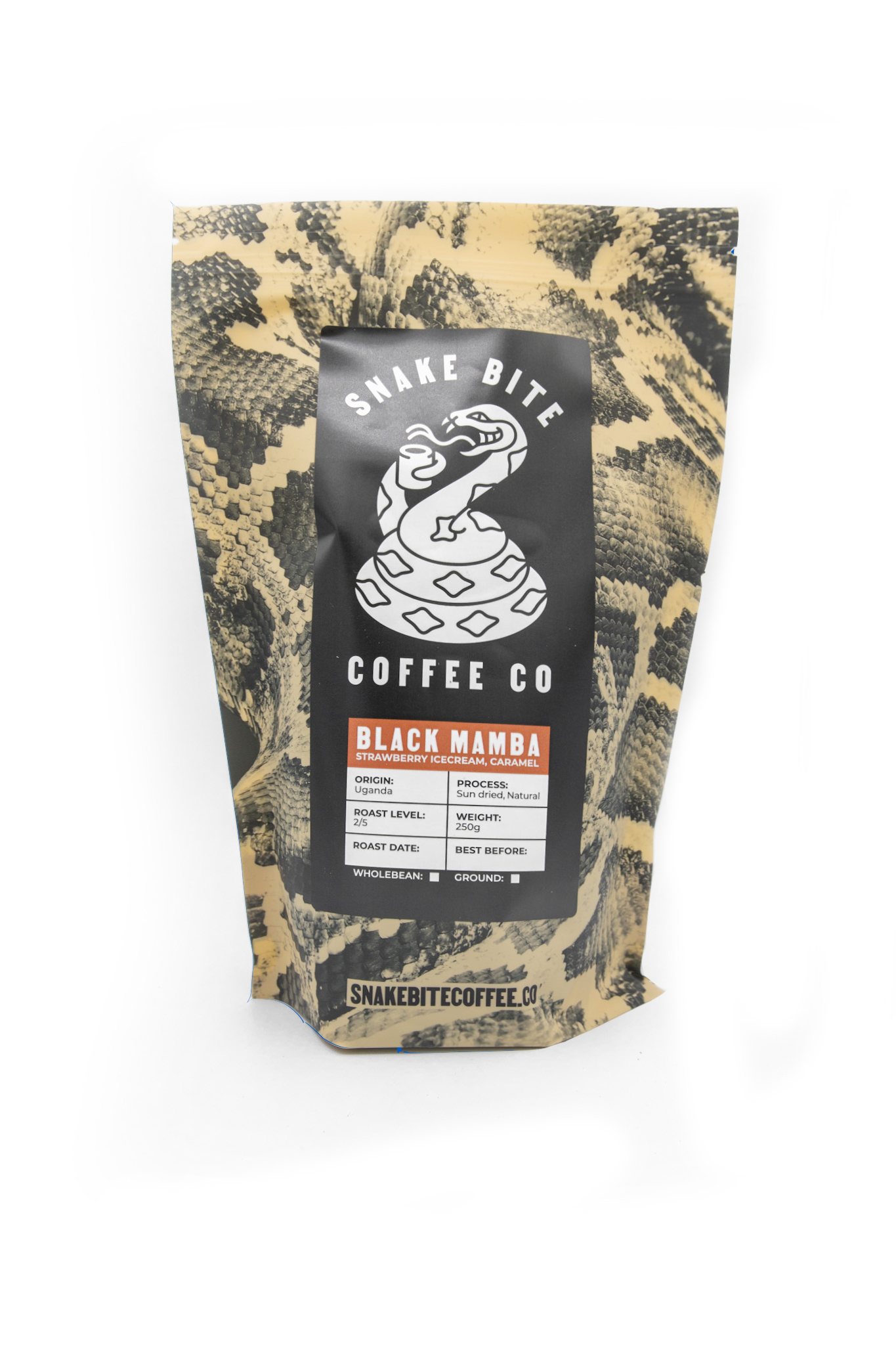 250g bag of Black Mamba Uganda coffee by Snake Bite Coffee, featuring a sleek black package with bold branding.