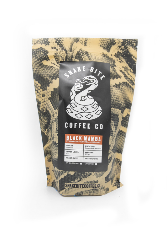 250g bag of Black Mamba Uganda coffee by Snake Bite Coffee, featuring a sleek black package with bold branding.
