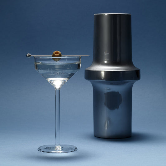 Aaron Probyn Barbican cocktail shaker with stainless steel finish and black grip, shown on a white background.
