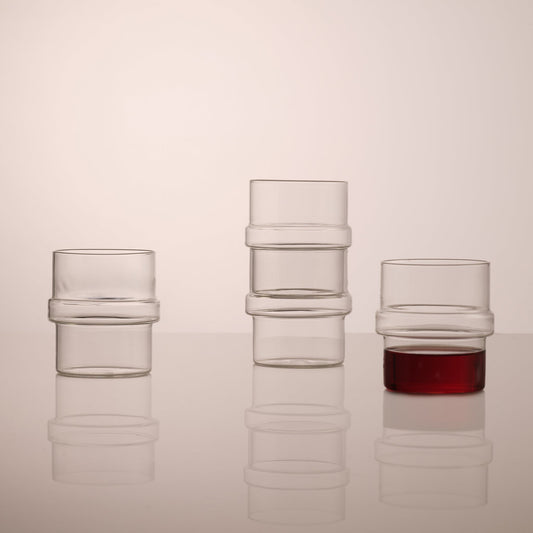 Set of four BLOCK stacking glass containers by Aaron Probyn, clear glass with sleek design and stackable feature.