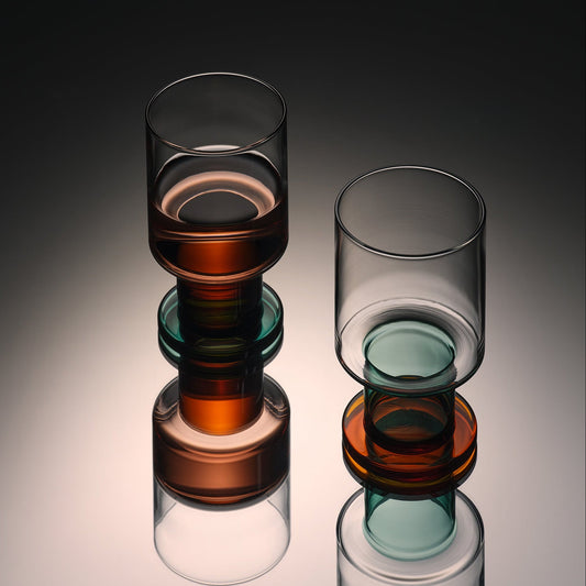 Set of two RYE wine glasses by Aaron Probyn, featuring clear glass with elegant, modern design for wine serving.