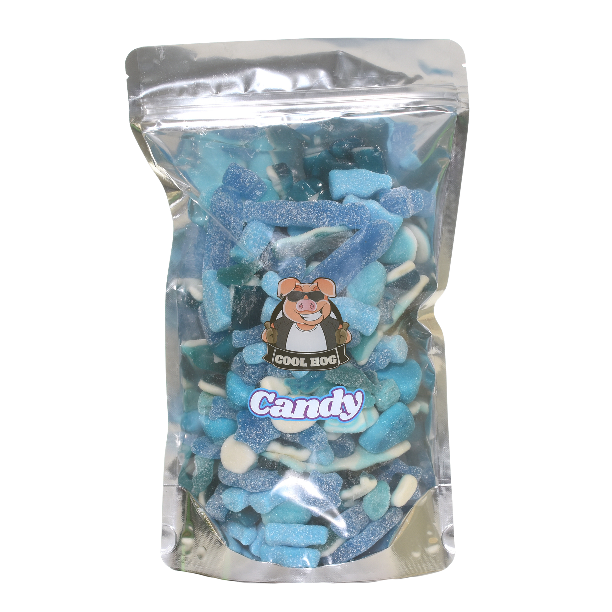 Cool Hog Snacks Sky's The Limit Blue Fizzy Mix Candy in a resealable 1kg bag with colorful blue and fizzy candies inside.
