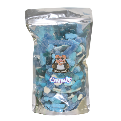 Cool Hog Snacks Sky's The Limit Blue Fizzy Mix Candy in a resealable 1kg bag with colorful blue and fizzy candies inside.