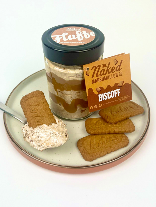 Creamy Biscoff® Gourmet Marshmallow Fluffe by THE MARSHMALLOW FACTORY, showing the fluffy, marshmallow spread texture in a jar.