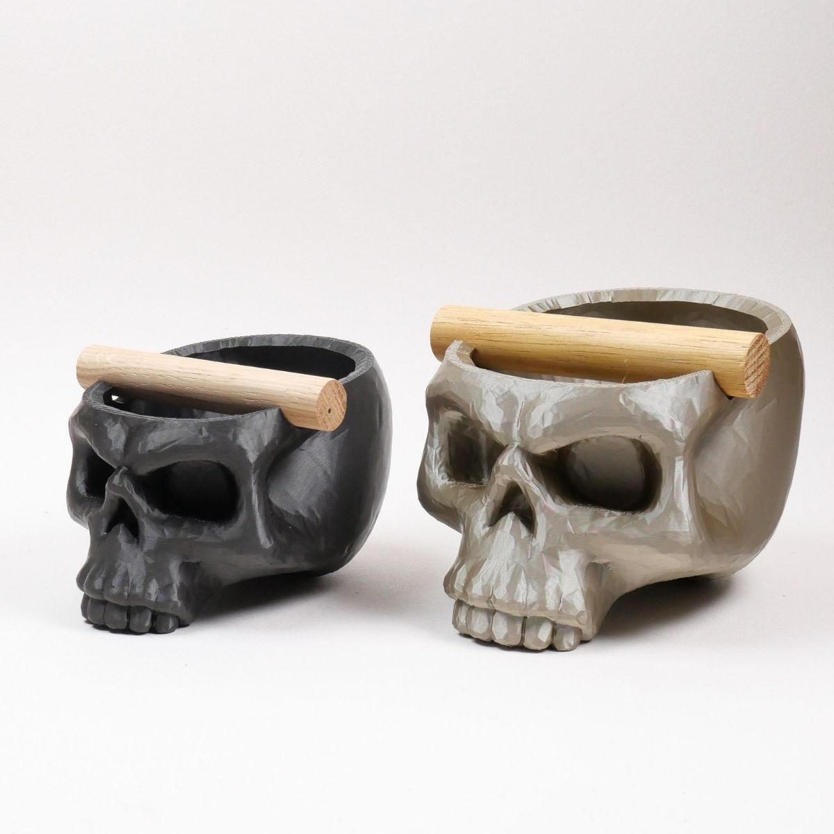 Gothic Skull Espresso Knock Box with Oak Bar by KNOCDIC® showing black skull-shaped coffee tamper holder and wooden bar.