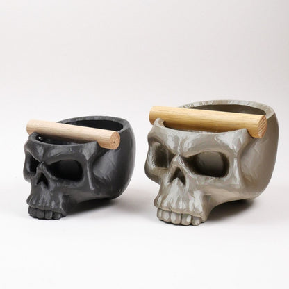 Gothic Skull Espresso Knock Box with Oak Bar by KNOCDIC® showing black skull-shaped coffee tamper holder and wooden bar.