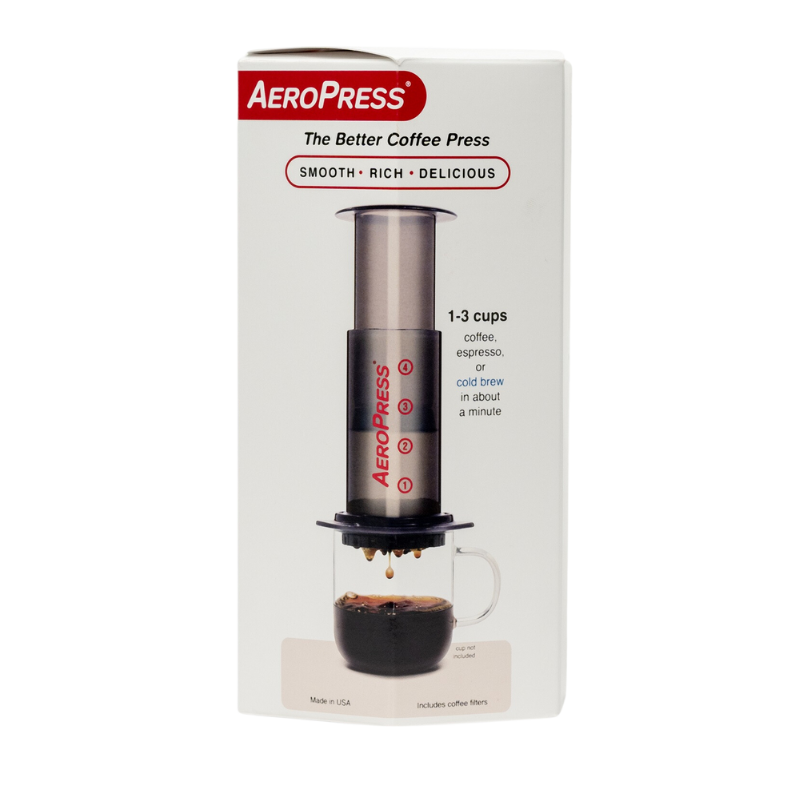 AeroPress Travel Coffee Maker by Contact Coffee Company Ltd. compact gear for brewing coffee on the go, with a black and silver design.