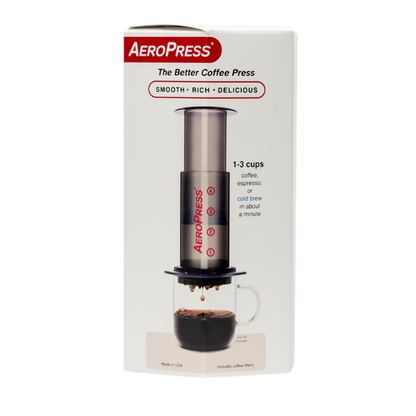 AeroPress Travel Coffee Maker by Contact Coffee Company Ltd. compact gear for brewing coffee on the go, with a black and silver design.