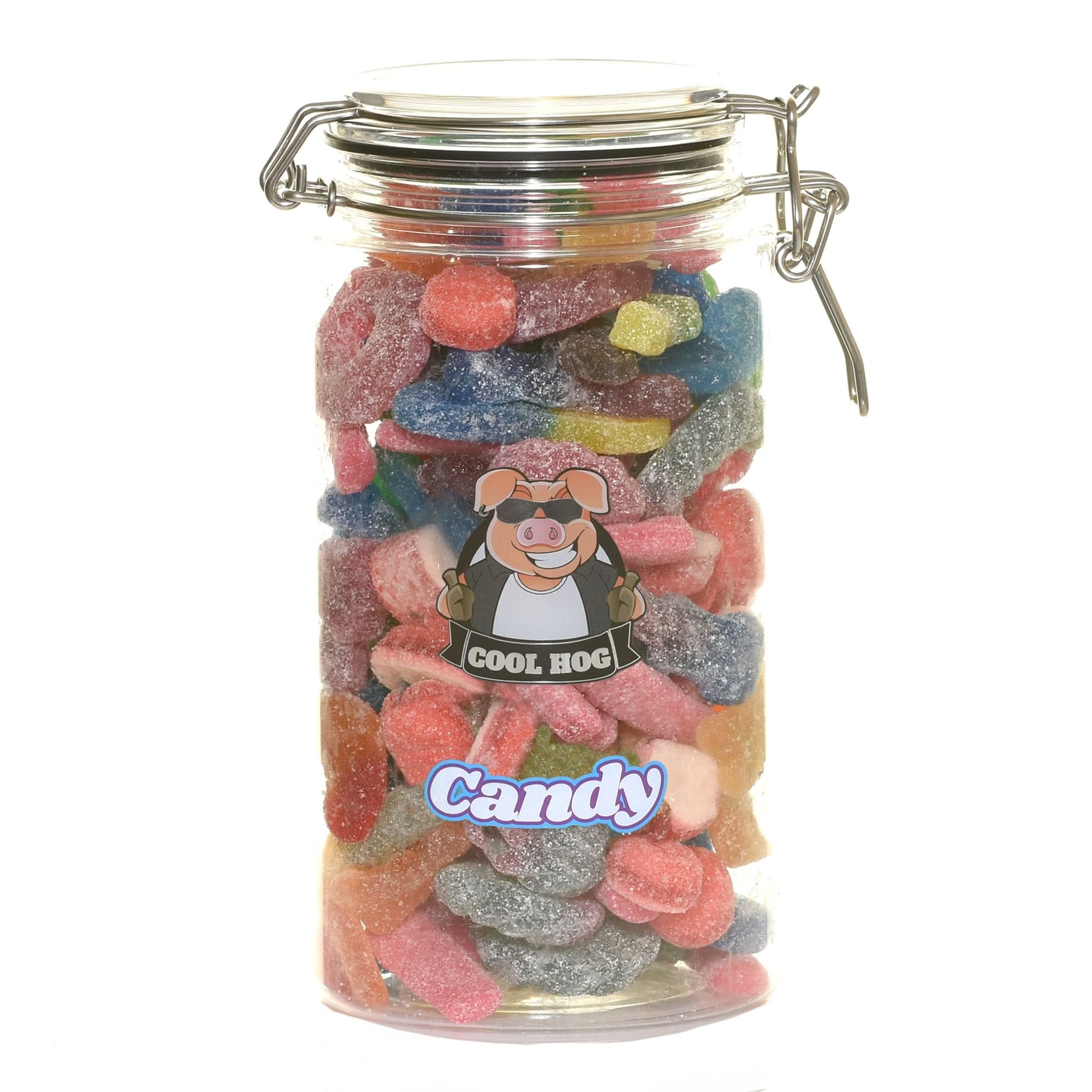 Large jar of Cool Hog Snacks sweet and sour fizzy jelly candies, colorful gummy candies in a clear jar.