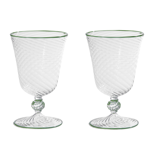 Set of two green Venetian wine glasses by Domenicamarland with elegant, clear glass bowls and slender stems.