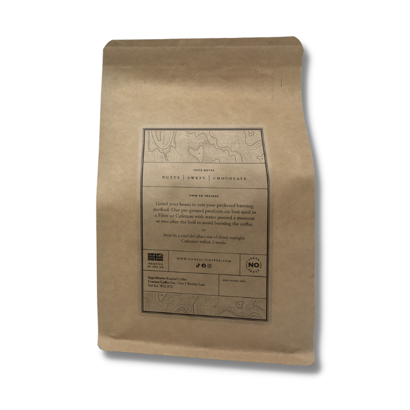 Single Origin Brazil Daterra coffee from Contact Coffee Company Ltd., showing fresh roasted coffee beans in a clear bag.