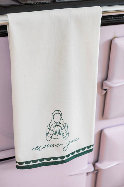 Avalon Home UK "Excuse You" tea towel with playful text design, featuring soft fabric and vibrant colors.