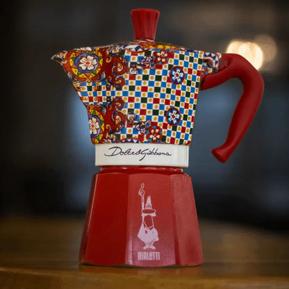 Bialetti X Dolce&Gabbana Sicilian Cart 3-cup Moka Express coffee maker with stylish gold and floral design, Brew Italia hardware